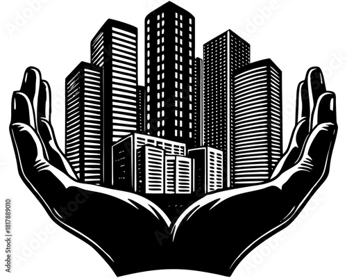 Hand Holding Skyscraper Cityscape: Real Estate Investment Vector Icon