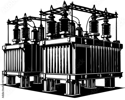 Electrical Power Substation Transformer Silhouette: Energy Grid Vector Icon