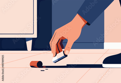 A hand, from the elbow down, erasing a dark line with a white eraser on a light pink surface