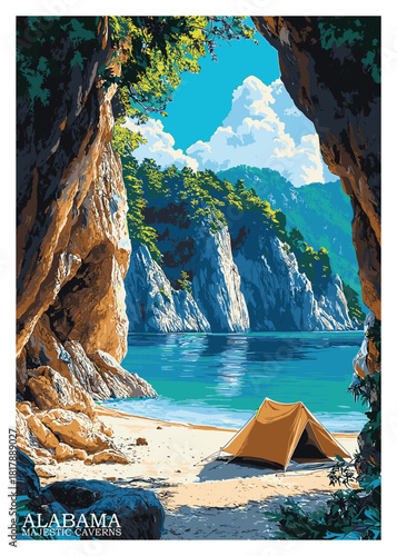 Alabama Majestic Caverns travel poster vector illustration showing a secluded beach campsite and turquoise water viewed through a rocky archway.