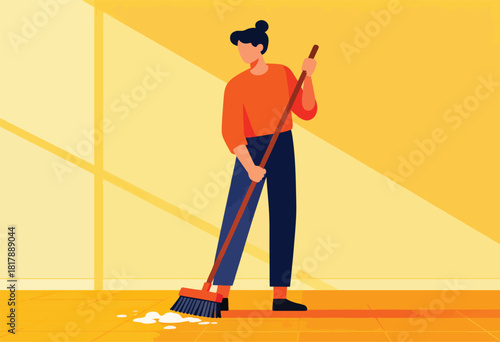 A person in orange top and blue pants is sweeping a floor. The room has yellow walls and sunlight