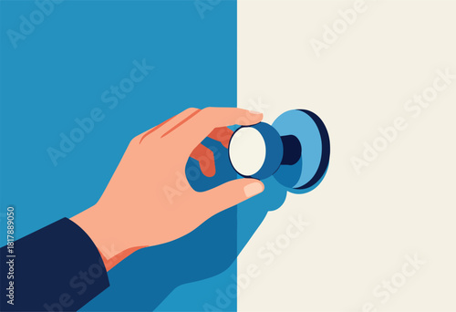 A hand, clad in a dark sleeve, interacts with a stylized blue doorknob against a stark backdrop