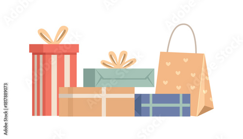 Assortment of Wrapped Gifts and Shopping Bag. Winter Holiday Gift Box. Merry Christmas Surprise Box. New year gift.