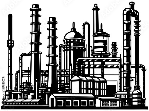 Petrochemical Refinery or Chemical Plant Tower and Chimney Industrial Vector