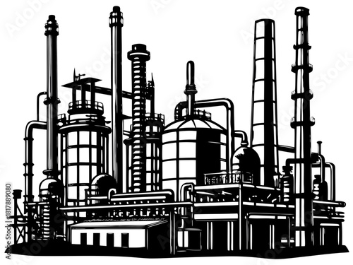 Petrochemical Refinery or Chemical Plant Tower and Chimney Industrial Vector