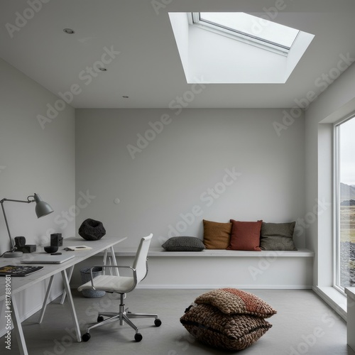 Icelandic Minimalist Office – Pale gray walls uncluttered desk