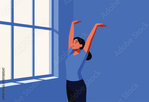 Simplified illustration of a person stretching in a blue room, with a window and a minimalist aesthetic