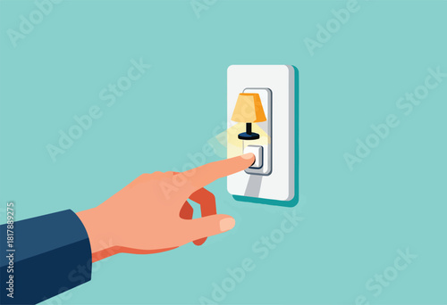 An illustration shows a hand pressing a light switch with a lamp icon next to it on a wall