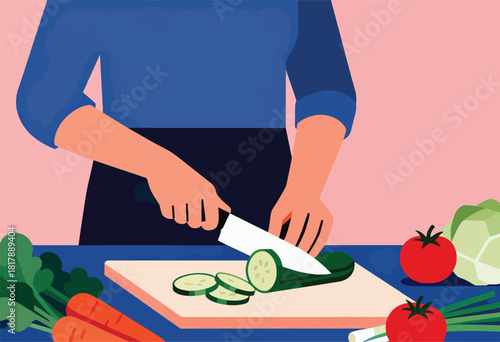 Stylized illustration shows person cutting cucumber on cutting board with vegetables nearby