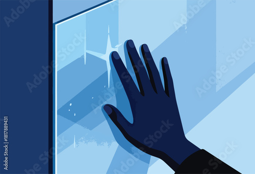 A stylized image presents a dark hand touching a blue-tinted surface, possibly glass, abstract and modern
