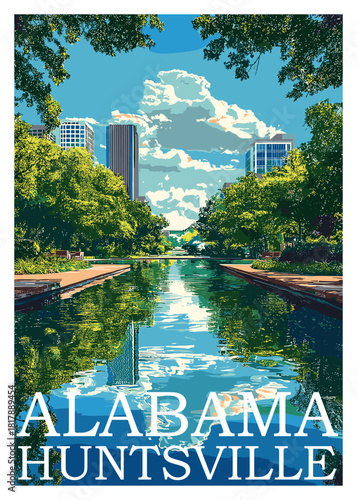 Huntsville, Alabama, skyline reflected in a large park fountain or water channel surrounded by green trees and modern skyscrapers.
