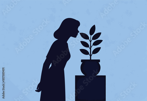 Silhouette of a woman smelling a plant in a pot, set against a blue, textured background
