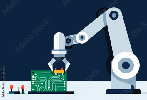 A robotic arm places a component onto a circuit board in a minimalist, flat-design style. Other components are near