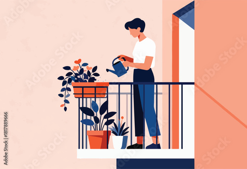 A person waters plants on a balcony with vibrant colors of blue, orange, and white. Clean lines create a peaceful scene