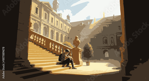 A thoughtful student finds a serene spot to read on a sunlit grand staircase within a beautiful, historic European university courtyard.