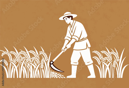 A farmer in a white outfit and hat harvests crops with a scythe, stylized illustration on a brown background