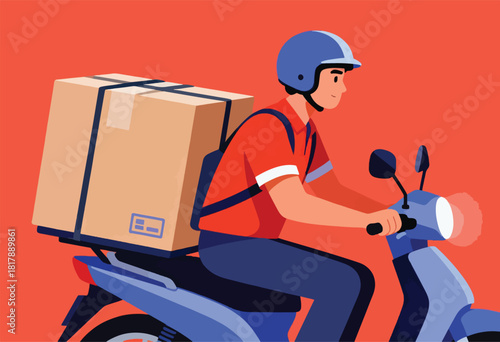 A delivery person on a scooter, carrying a large box. Vector style illustration in red, blue, and tan