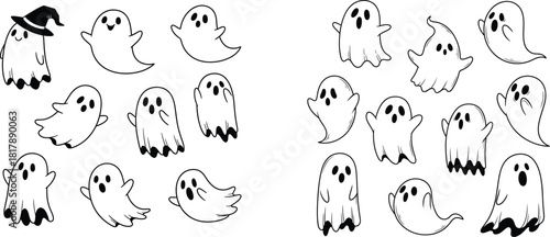 Adorable collection of friendly cartoon ghosts in various playful poses for fun holiday designs