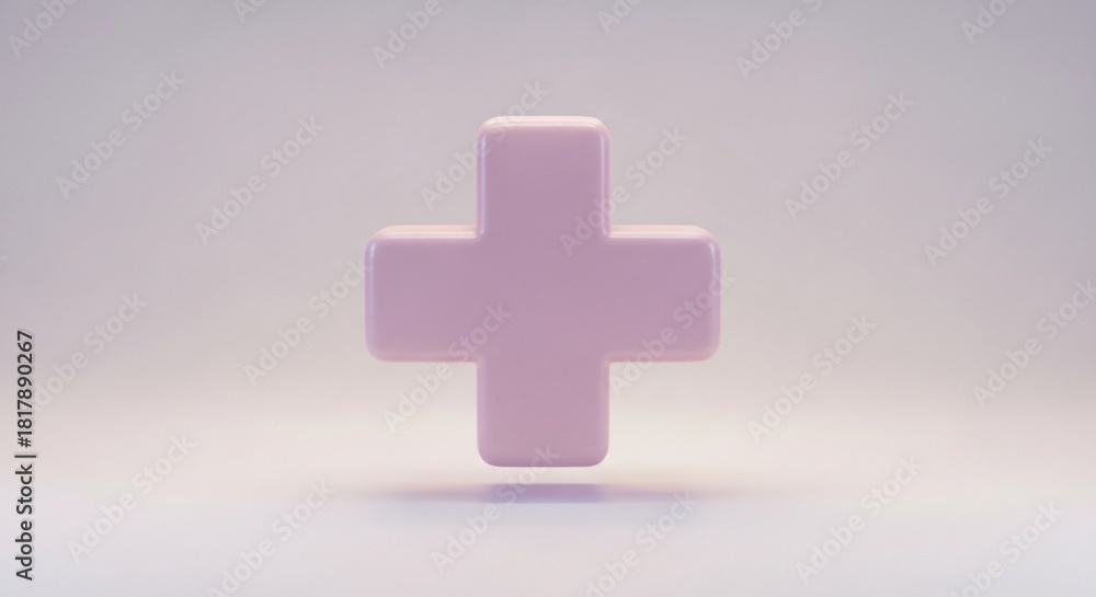 Obraz premium A soft pink plus sign symbol stands out against a light background, casting a subtle shadow, symbolizing addition or positivity.