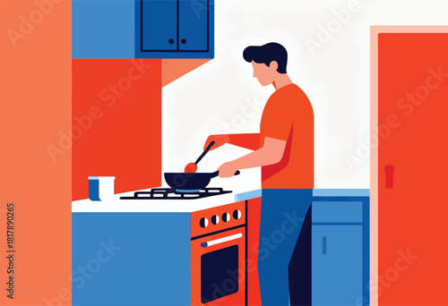 A person in an orange shirt cooks in a kitchen, using a pan and utensil, near an oven and blue cabinetry