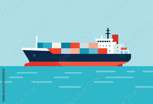 A stylized container ship, laden with cargo, sailing on a blue sea under a blue sky