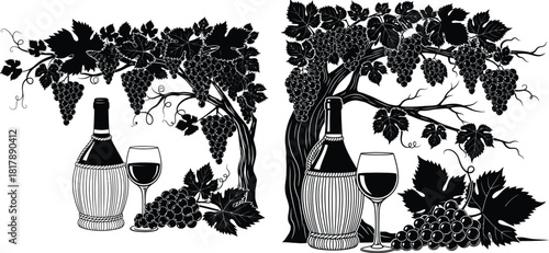 Classic wine bottle and glass compositions with flourishing grapevines and bunches in a traditional vineyard style