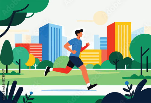 A vibrant illustration depicts a person jogging in a park with colorful skyscrapers and trees in a stylized scene