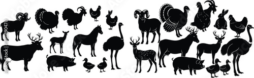 Collection of black animal silhouettes featuring farm livestock and various wild creatures for educational resources