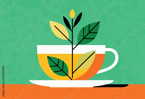 A stylized illustration features a teacup with tea, a plant emerging from the top, all on a textured background