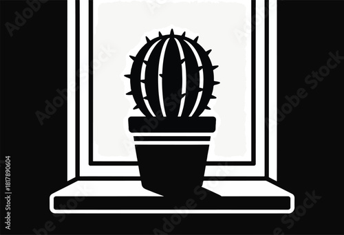 A stylized illustration depicting a cactus in a pot on a windowsill, silhouetted against a white background