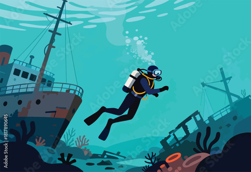 A scuba diver explores a sunken shipwreck in the ocean depths, with sunlight and coral