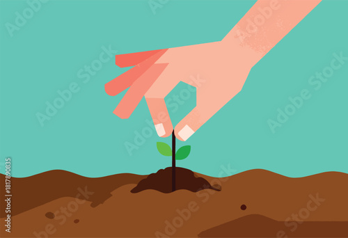 A hand gently plants a young seedling in the soil, symbolizing growth and new beginnings