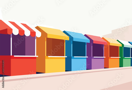 Colorful row of geometric market stalls with awnings, vibrant hues, and simple design