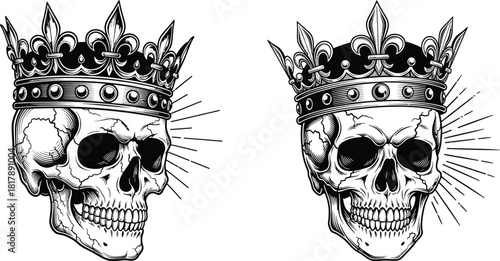 Detailed illustrations of a human skull wearing a regal crown, featuring ornate design elements and radiating rays