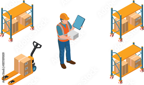 Isometric warehouse logistics illustration featuring shelves, boxes, pallet jack and worker using tablet for storage, delivery, shipping and supply chain designs