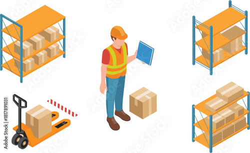Isometric warehouse logistics illustration featuring shelves, boxes, pallet jack and worker using tablet for storage, delivery, shipping and supply chain designs