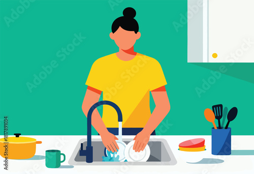 Illustration of person washing dishes at kitchen sink with utensils, mug, pot, sponge