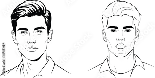 Detailed line art portraits of a handsome young man with stylish hair and a confident expression