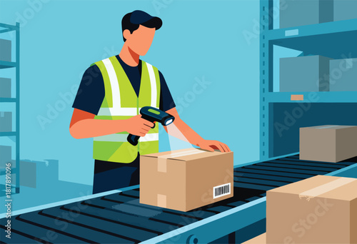 A worker in a high-vis vest scans a cardboard box on a conveyor belt in a warehouse setting