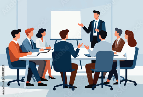Business meeting scene. People sit around a table, one giving a presentation. A blank whiteboard is in the background