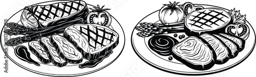 Detailed vintage engraving of a delicious grilled steak dinner with asparagus and fresh tomatoes served on a plate