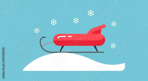 Whimsical winter fun with a red sled gliding down a snowy hill, perfect for holiday cards, children's books, and festive seasonal designs
