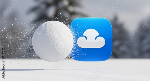 Embrace winter's digital chill with cloud technology and a playful snowball, offering secure data storage and connectivity solutions amidst the frosty landscape