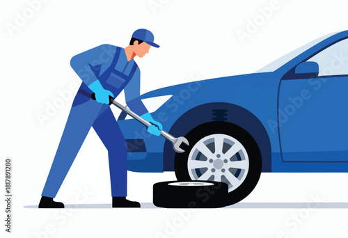 Mechanic in blue uniform, fixing a blue car's tire with a wrench. Spare tire next to car. White background