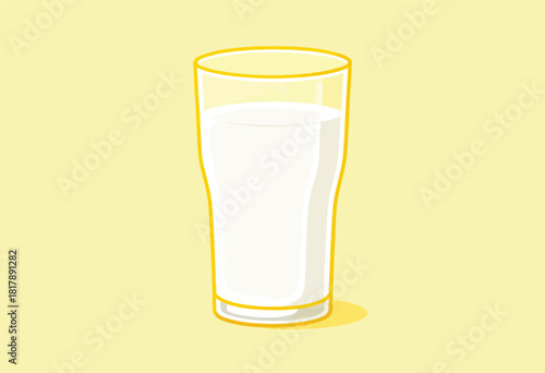 An illustration shows a full, cartoon glass of milk with yellow trim. A light yellow background