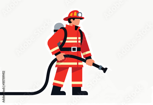 Vector illustration of a firefighter holding a water hose. He wears red gear, helmet, and breathing apparatus