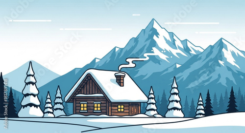 Cozy winter cabin nestled in snowy mountain landscape, a peaceful getaway retreat, perfect for holiday greetings, travel promotions, and seasonal designs