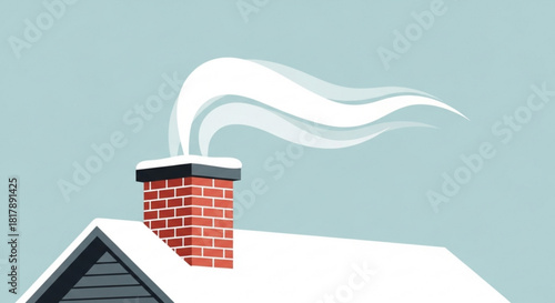 Cozy winter scene with snow-covered rooftop and chimney puffing smoke, perfect for holiday greetings and seasonal promotions with a touch of warmth