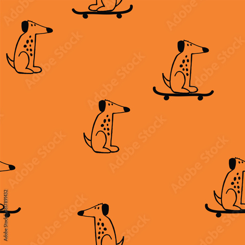 Seamless Cartoon Dog On Skateboard Pattern