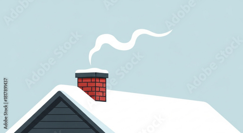 Cozy winter scene featuring a snow-covered roof with a smoking chimney, evoking feelings of warmth, home, and holiday cheer, ideal for seasonal greetings